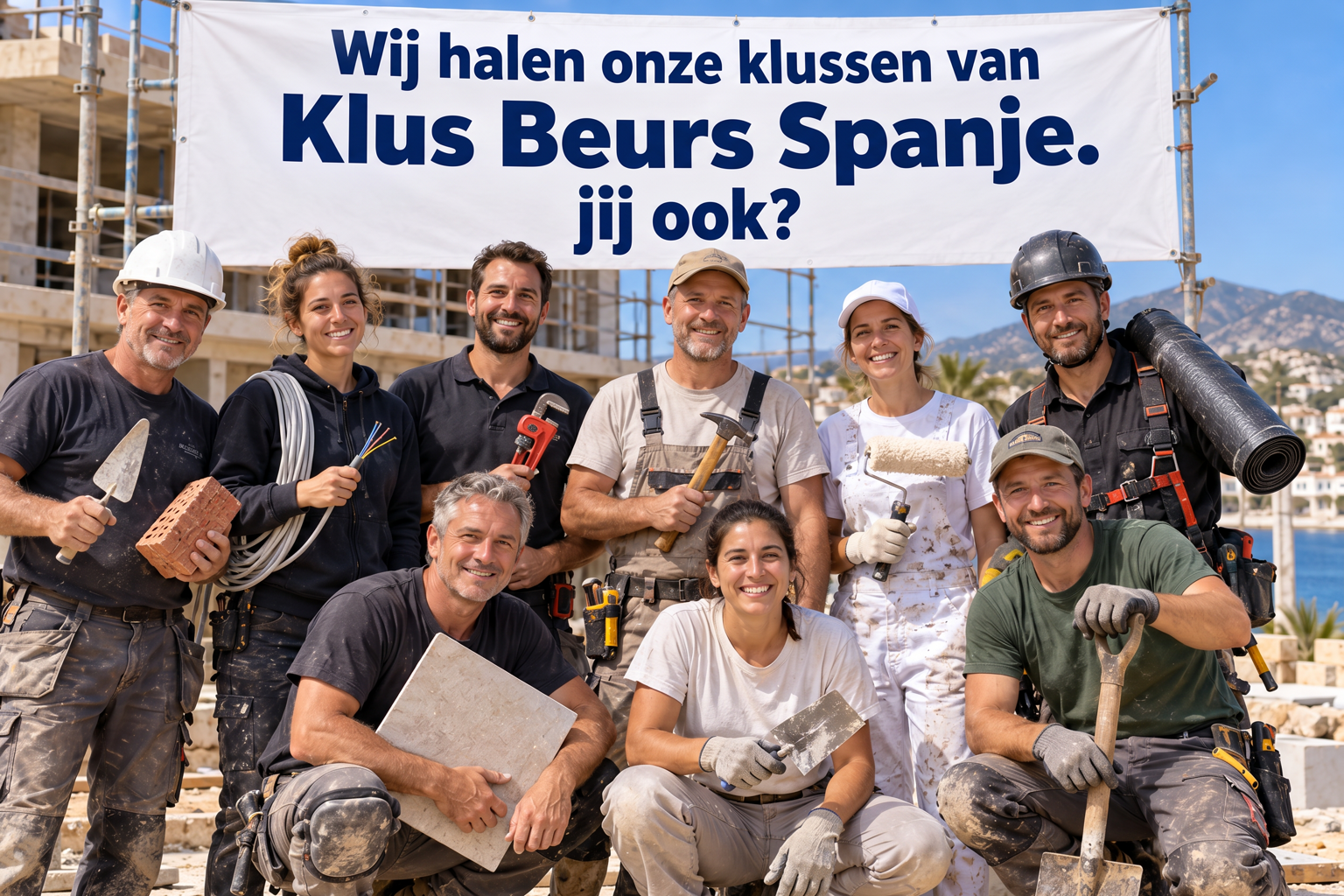Vakmensen op een Spaanse bouwplaats met de banner van Klus Beurs-Spanje.com
